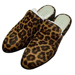 1. State NWT leather leopard print cow skin slip on mules